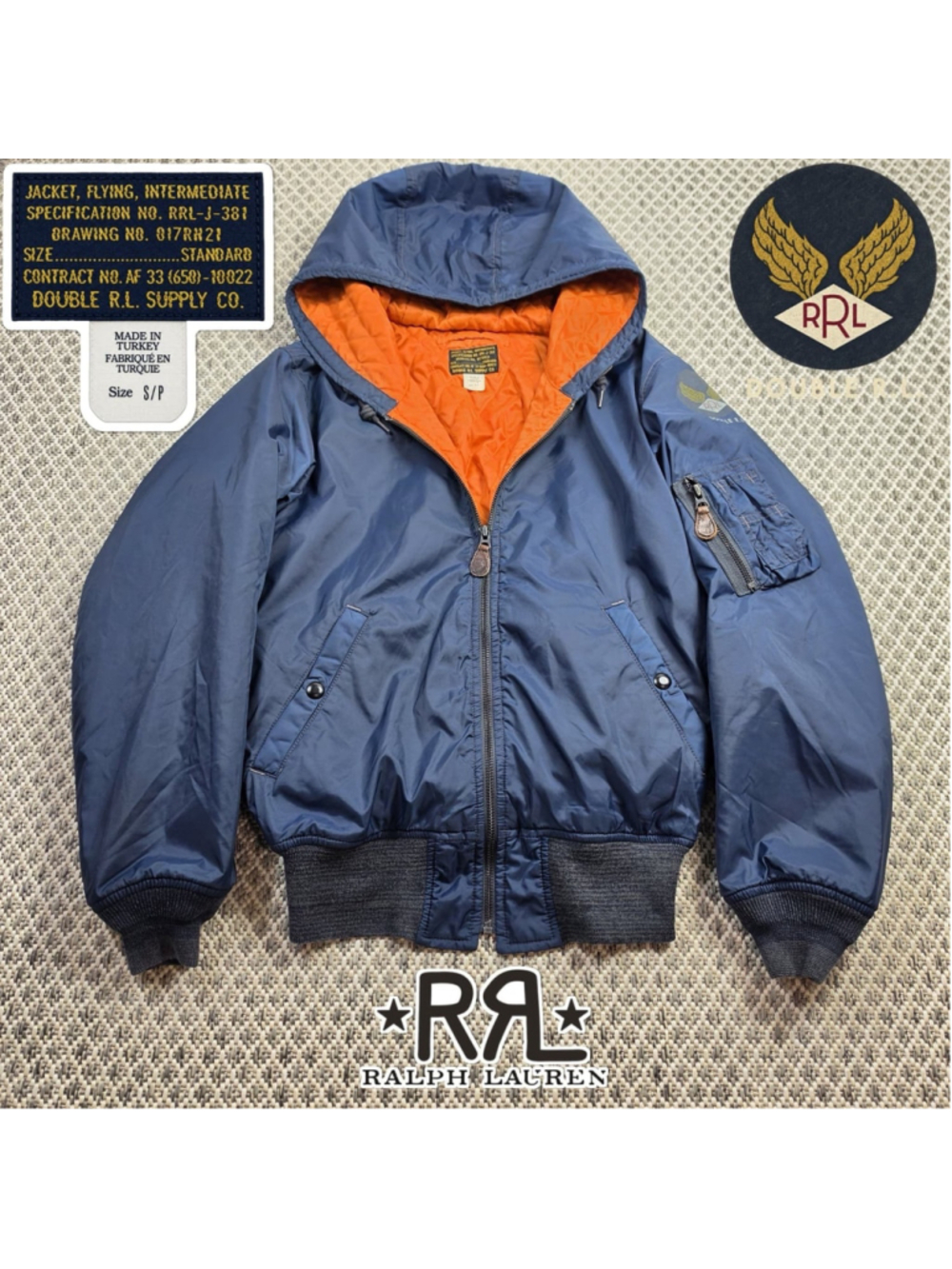 RRL Ralph Lauren Mens S RRL-J-381 Intermediate Flight Bomber Jacket Blue Hooded